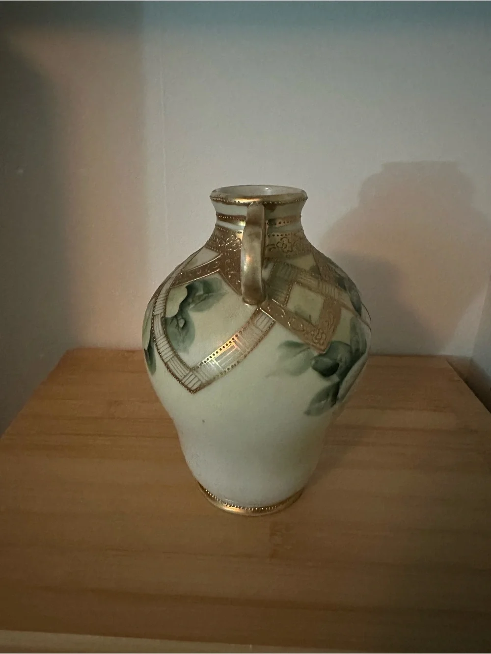 Hand-Painted Floral Ceramic Vase with Gold Trim - Cream, Green and Pink (AS-IS)